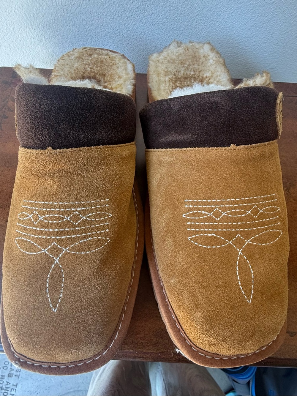 Ariat Tan and Dark Brown Suede Shearling Slip-On Slippers